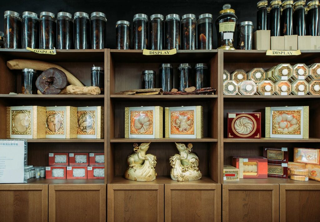Traditional Chinese medicine herbs in cabinet selling at chinese medicine shop